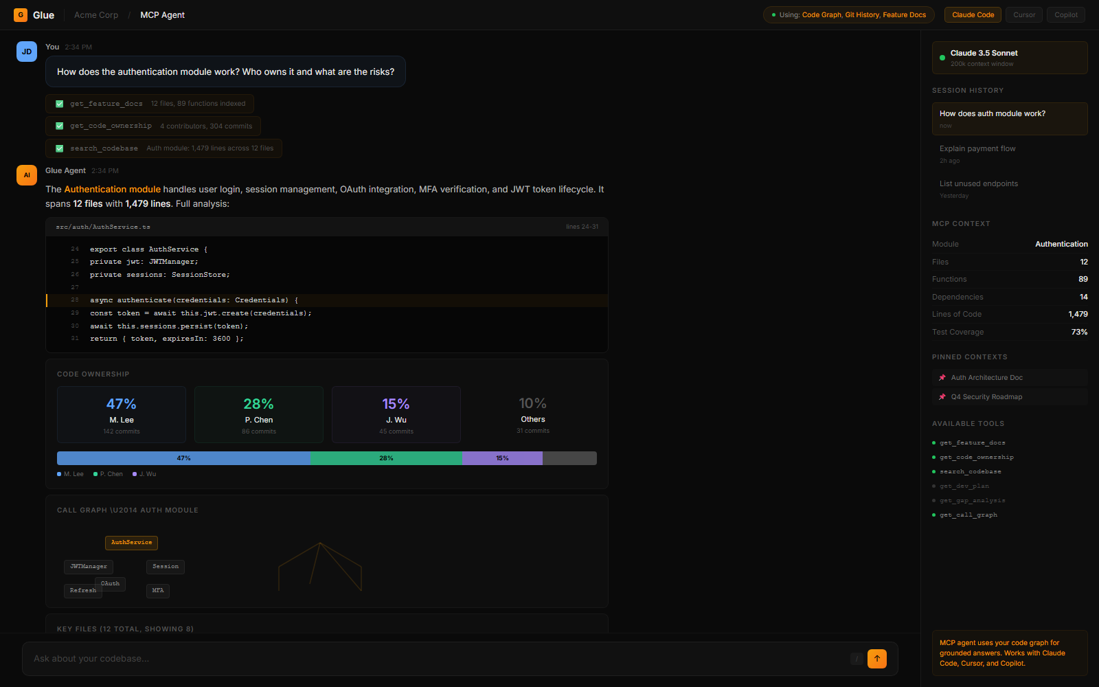 AI chat answering a codebase question with file references and call graph data